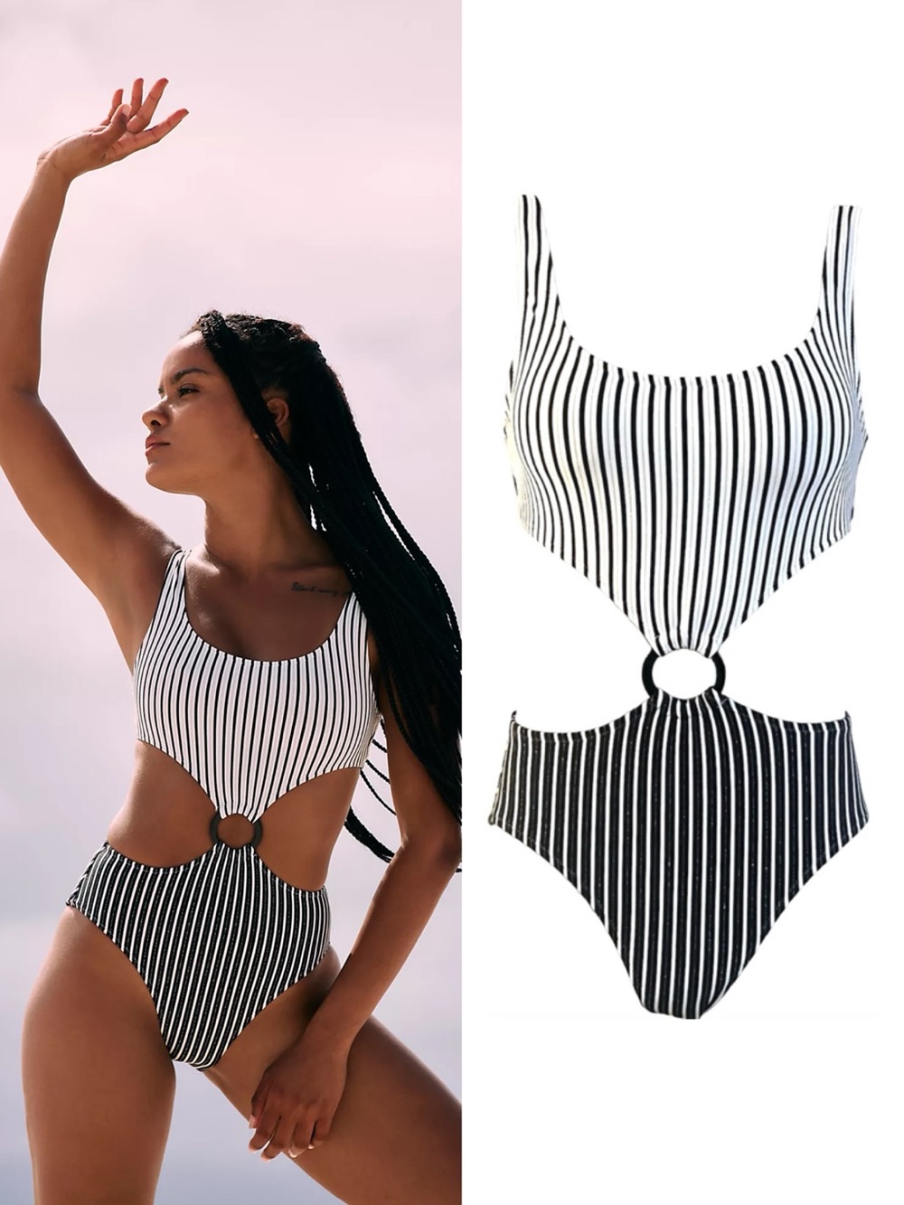 Solid & Striped • Bailey One Piece w Ring swimsuit cutout black white stripe